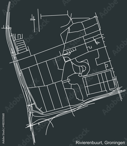 Detailed negative navigation white lines urban street roads map of the RIVIERENBUURT NEIGHBORHOOD of the Dutch regional capital city Groningen, Netherlands on dark gray background photo