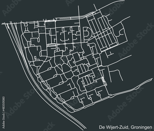 Detailed negative navigation white lines urban street roads map of the DE WIJERT-ZUID NEIGHBORHOOD of the Dutch regional capital city Groningen, Netherlands on dark gray background