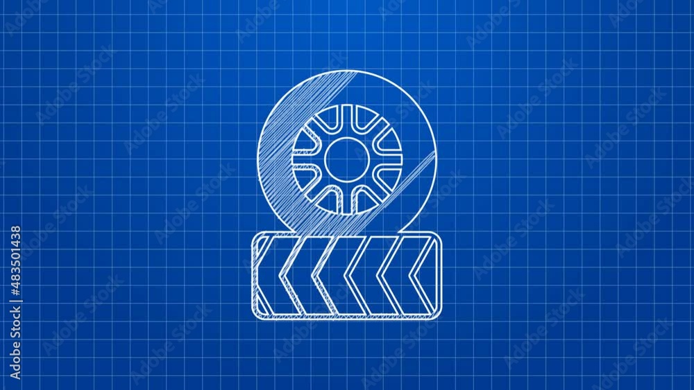 White line Car tire wheel icon isolated on blue background. 4K Video motion graphic animation White line Car tire wheel icon isolated on blue background. 4K Video motion graphic animation
