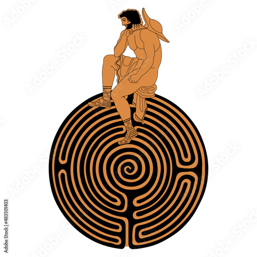 Ancient Greek man sitting on top of a round spiral maze or labyrinth symbol. Creative concept.