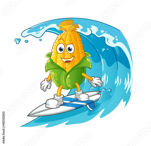 corn surfing character. cartoon mascot vector