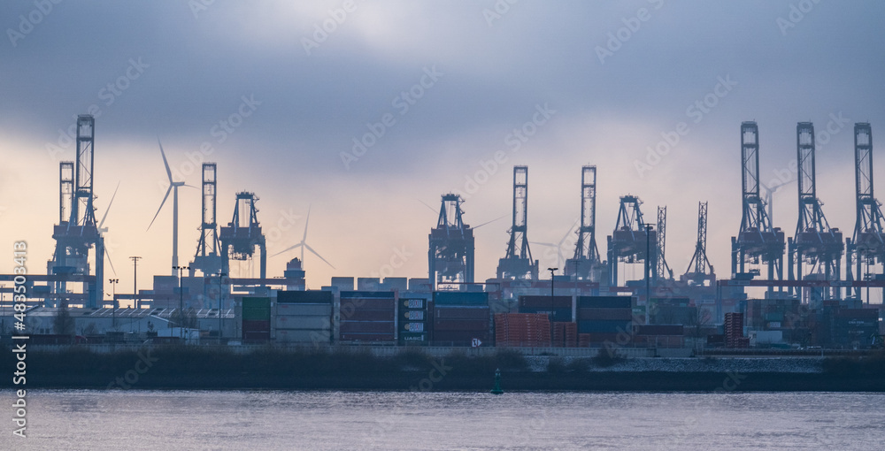 The cranes at the Port of Hamburg on a misty day - travel photography