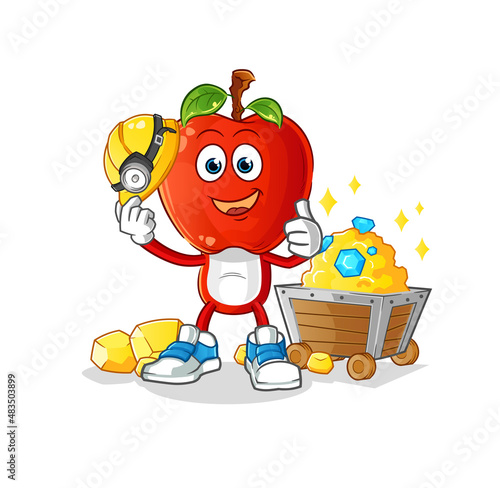 apple head cartoon miner with gold character. cartoon vector