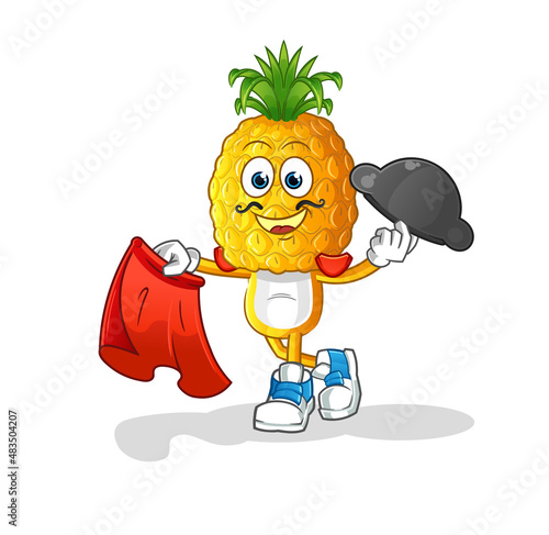 pineapple head cartoon matador with red cloth illustration. character vector