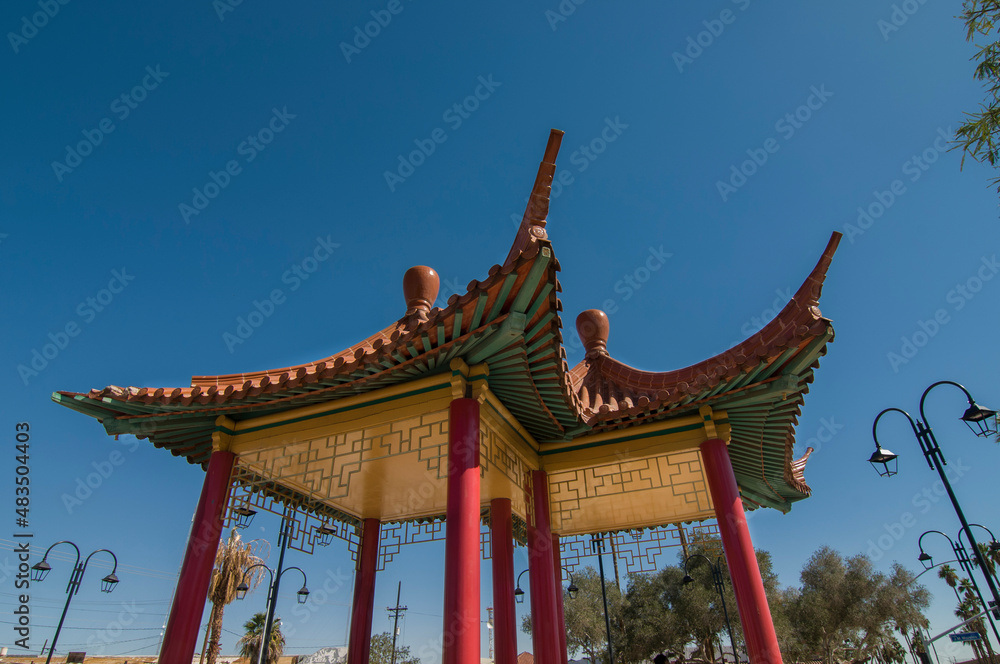 Mexicali Baja California Mexico Feb-20-2021: Chinese architecture donated by the Chinese community of Mexiclai, located in the historic center, on a sunny winter morning Mexicali Baja California Mexico Feb-20-2021: Chinese architecture donated by the Chinese community of Mexiclai, located in the historic center, on a sunny winter morning