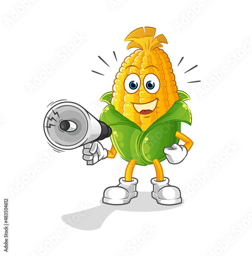 corn holding hand loudspeakers vector. cartoon character