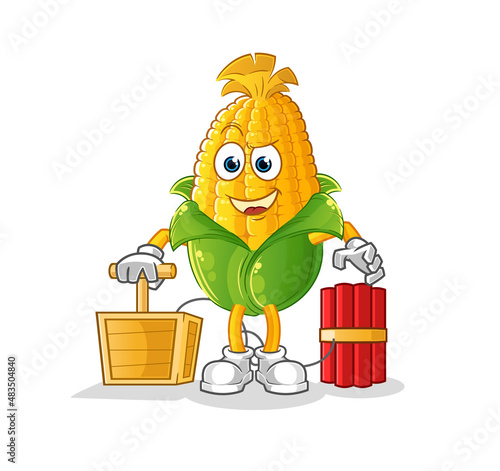 corn holding dynamite detonator. cartoon mascot vector