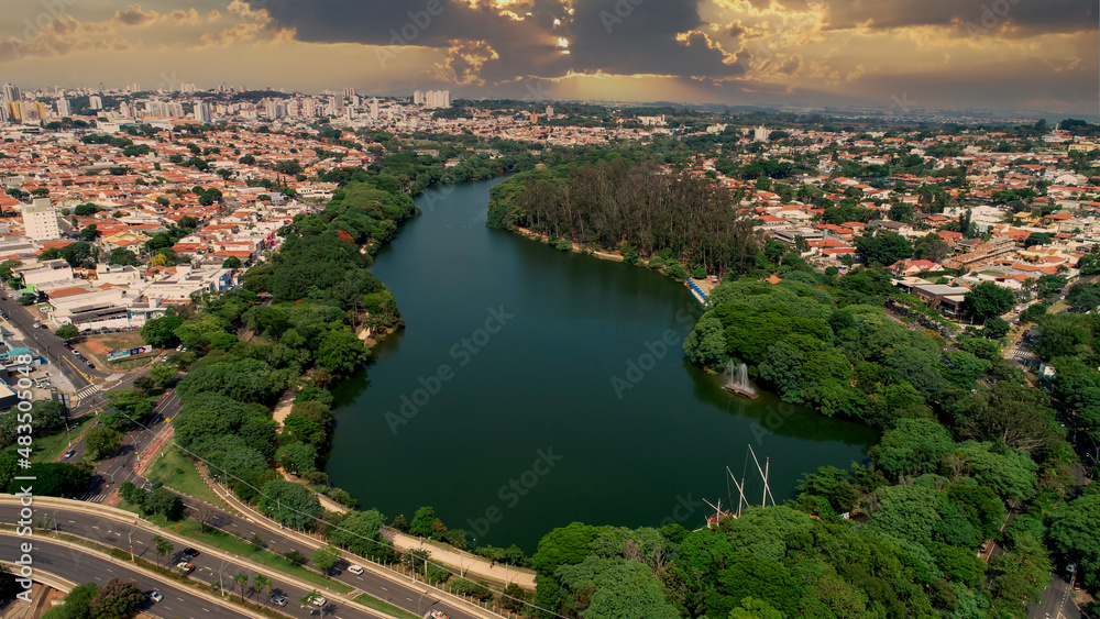 Taquaral lagoon in Campinas, view from above, Portugal park, Sao Paulo, Brazil