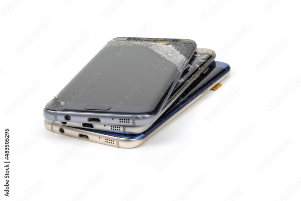Bangkok, Thailand, 8 January 2022, the smartphone screen is cracked. Prepare to repair on a white background. Bangkok, Thailand, 8 January 2022, the smartphone screen is cracked. Prepare to repair on a white background.