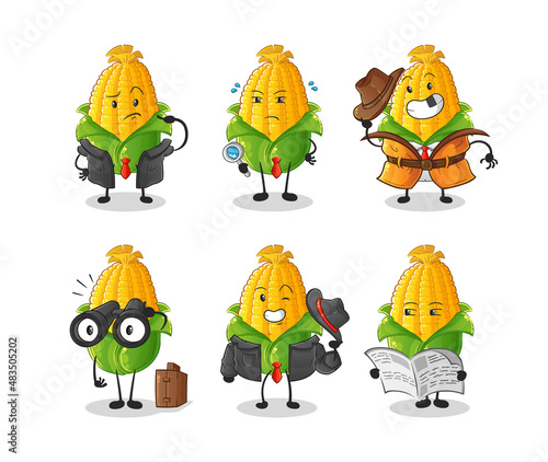 corn detective group character. cartoon mascot vector