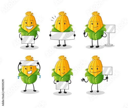 corn holding board group character. mascot vector