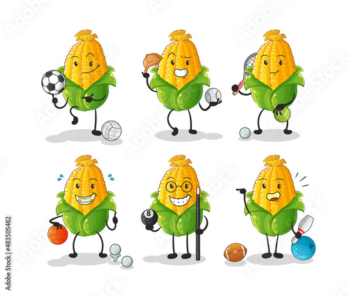 corn sport set character. cartoon mascot vector
