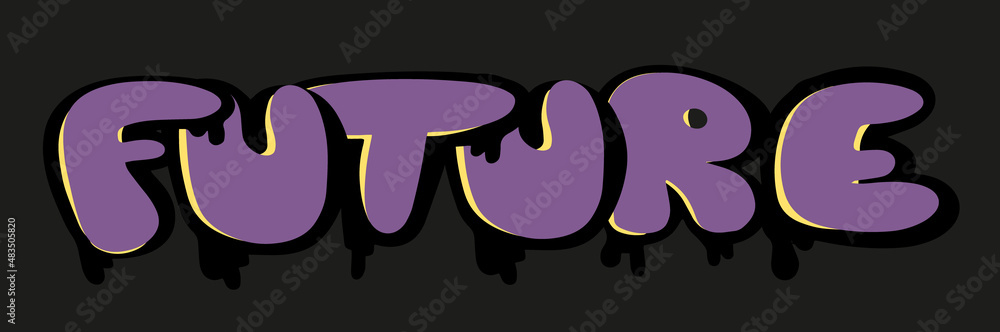 Fototapeta premium Slogan urban graffiti printing house, street flat style for T-shirts, hoodies and more. Lilac letters in the form of a bubble with black and yellow streaks of paint. Vector on an isolated background.