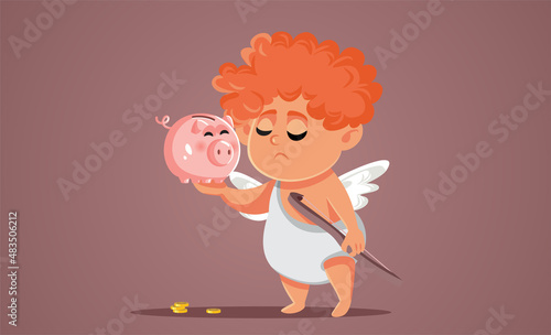 Poor Broke Cupid Holding Piggy Bank Vector Cartoon