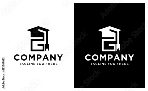 letter G and bachelor hat with word grad logo, students graduation uniform logotype, education element vector illustration. on a black and white background.