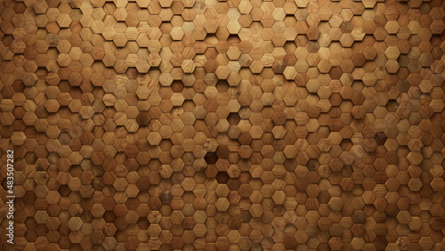 Wood, Timber Wall background with tiles. Hexagonal, tile Wallpaper with Natural, 3D blocks. 3D Render