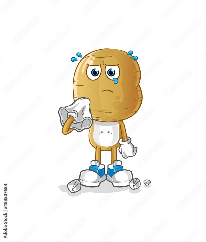 potato head cartoon cry with a tissue. cartoon mascot vector