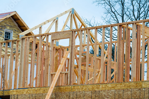 frame of the second floor of a plywood house new wooden