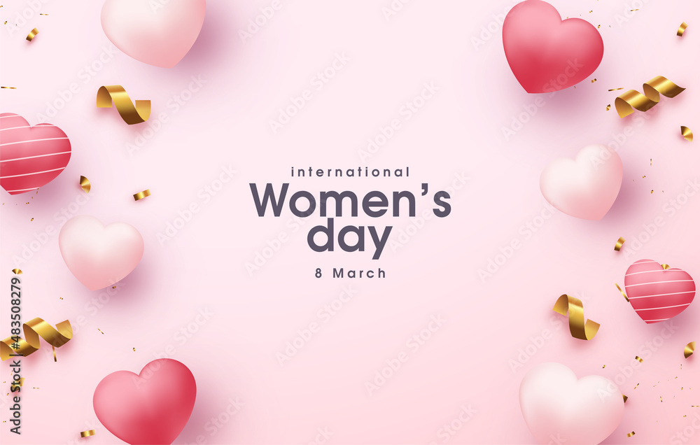 Women's day background with scattered love balloons and ribbons. 