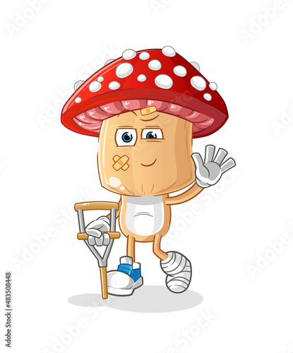 red mushroom head cartoon sick with limping stick. cartoon vector
