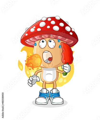 red mushroom head cartoon eat hot chilie mascot. cartoon vector