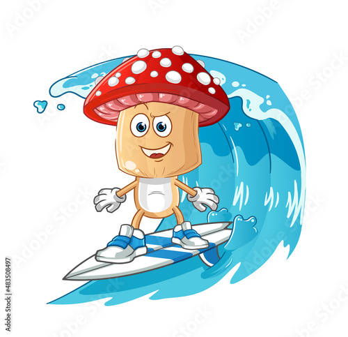 Photography red mushroom head cartoon surfing character