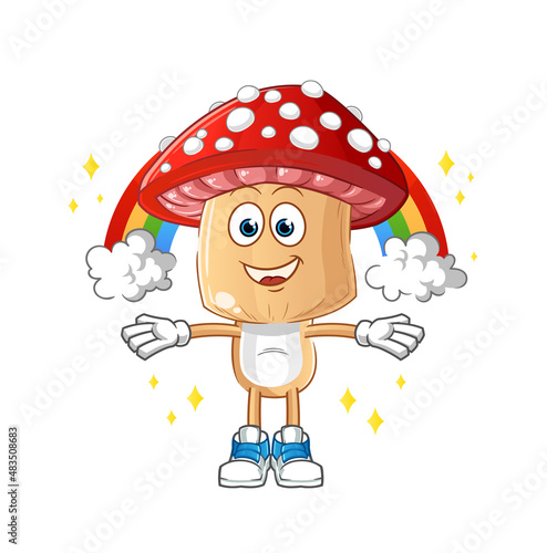 red mushroom head cartoon with a rainbow. cartoon vector