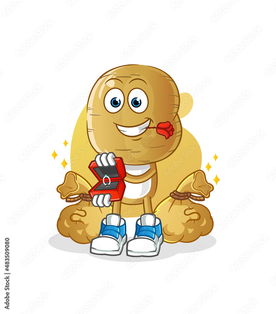 Fototapeta premium potato head cartoon propose with ring. cartoon mascot vector