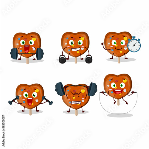 A healthy orange lolipop love cartoon style trying some tools on Fitness center