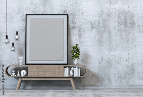 Mockup blank poster on a white brick wall with desk and books on painted white brick wall background. 3D rendering