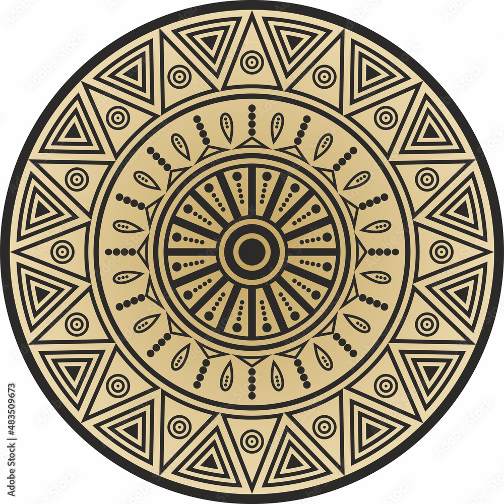 Native American vector round gold pattern. Geometric shapes in a circle. National ornament of the peoples of America, Maya, Aztecs, Incas.

