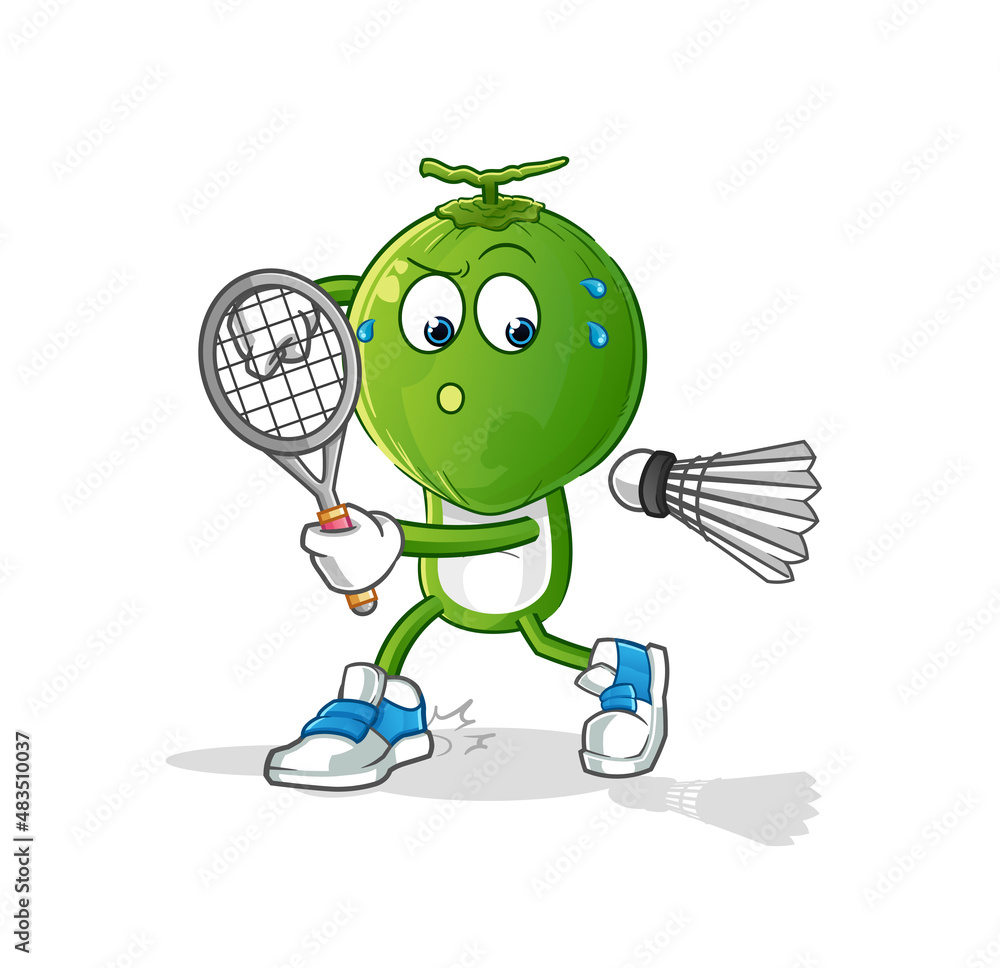 Obraz premium green coconut head cartoon playing badminton illustration. character vector
