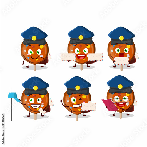 A picture of cheerful orange lolipop love postman cartoon design concept