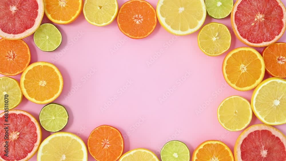 Citrus frame move on pastel pink theme. Stop motion Citrus frame move on pastel pink theme. Stop motion