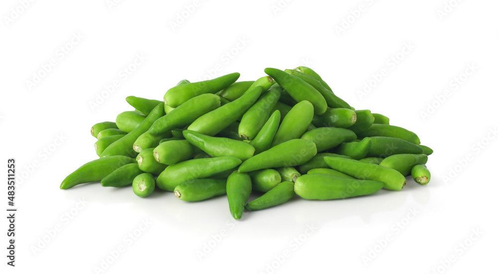 Green hot chilli peppers isolated on a white background with clipping path , spicy concept , Capsicum annuum , Bird's Eye Chilli , Thai pepper. Green hot chilli peppers isolated on a white background with clipping path , spicy concept , Capsicum annuum , Bird's Eye Chilli , Thai pepper.