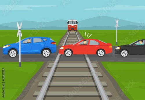 Traffic jam at railway level crossing. Terrified young male driver got stuck between two vehicles on railroad tracks while train is approaching. Flat vector illustration template.