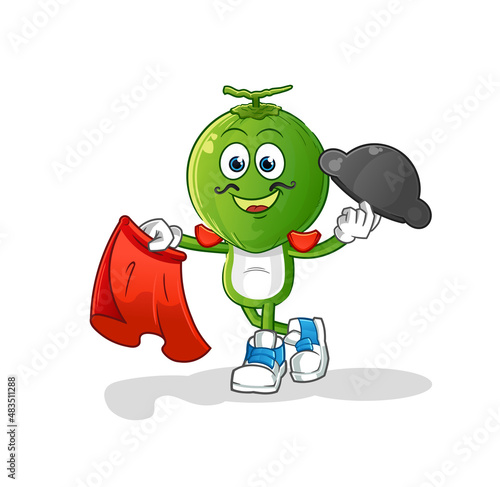 green coconut head cartoon matador with red cloth illustration. character vector