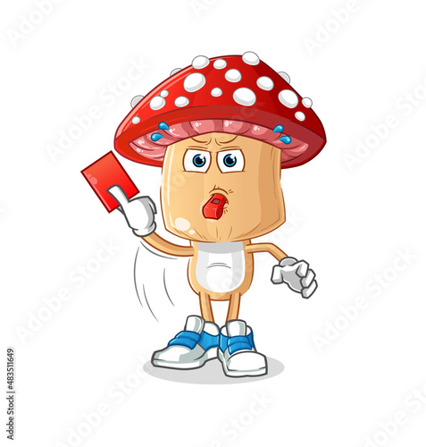red mushroom head cartoon referee with red card illustration. character vector