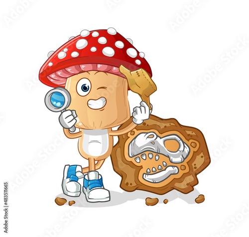 red mushroom head cartoon archaeologists with fossils mascot. cartoon vector
