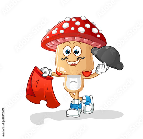 red mushroom head cartoon matador with red cloth illustration. character vector