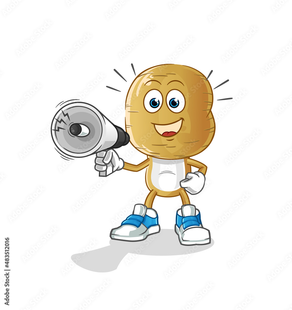 potato head cartoon holding hand loudspeakers vector. cartoon character potato head cartoon holding hand loudspeakers vector. cartoon character