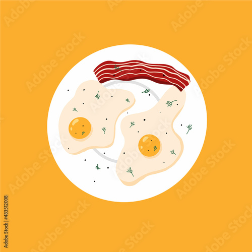 Vector illustration of fried eggs with greens and bacon. Omelet on a plate. breakfast concept.