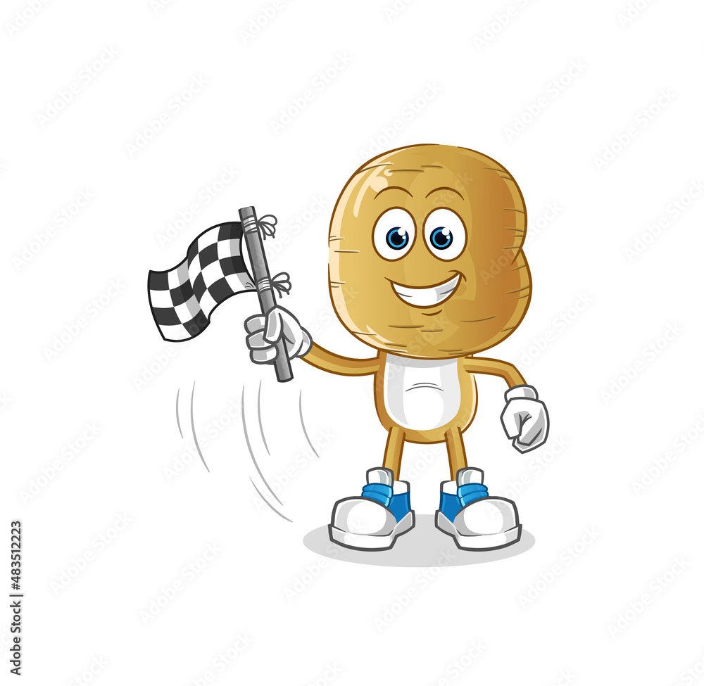 Obraz premium potato head cartoon hold finish flag. cartoon mascot vector