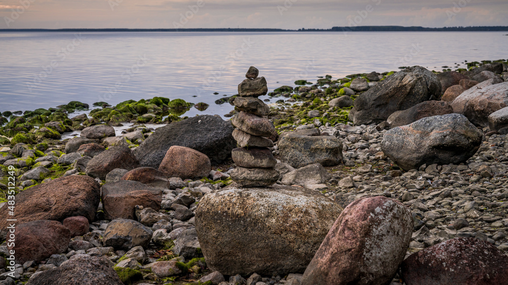 A cairn on the pebble beach near Lietzow, Mecklenburg-Western Pomerania, Germany
