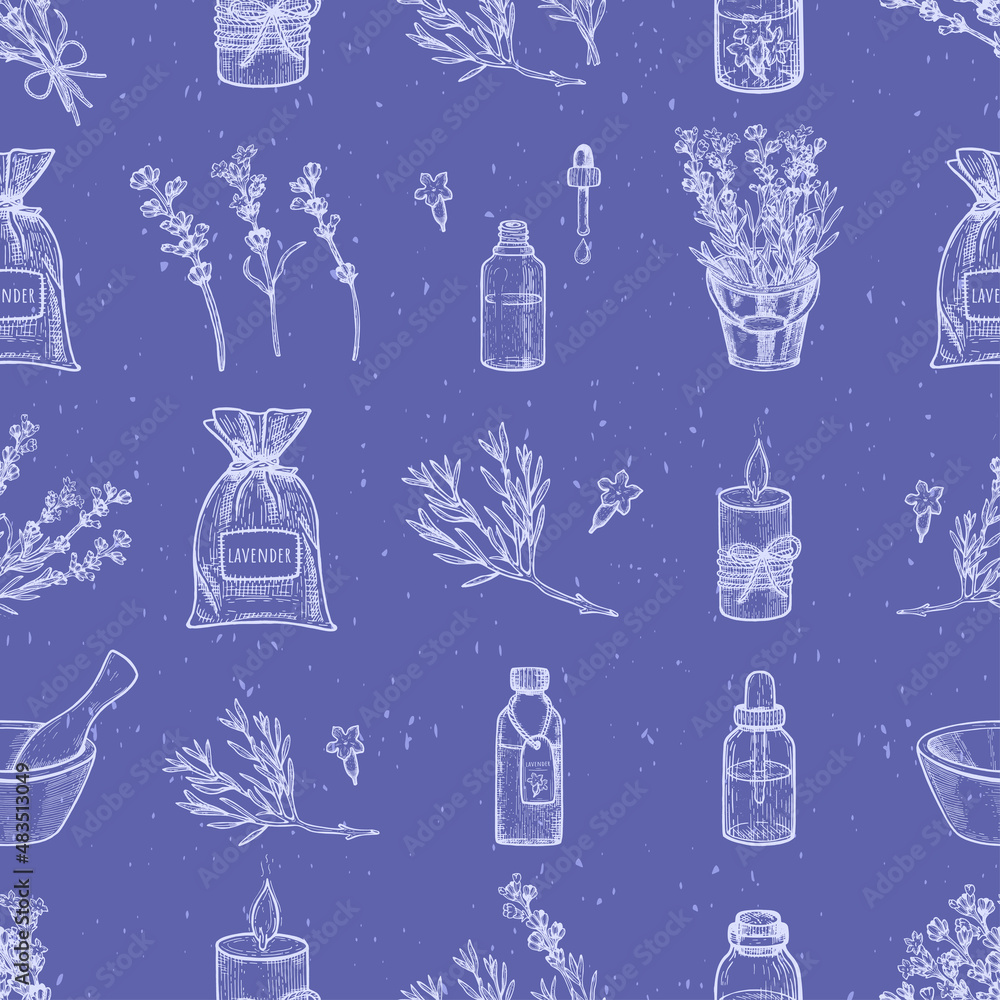 lavender seamless pattern on very peri background vector sketch ...