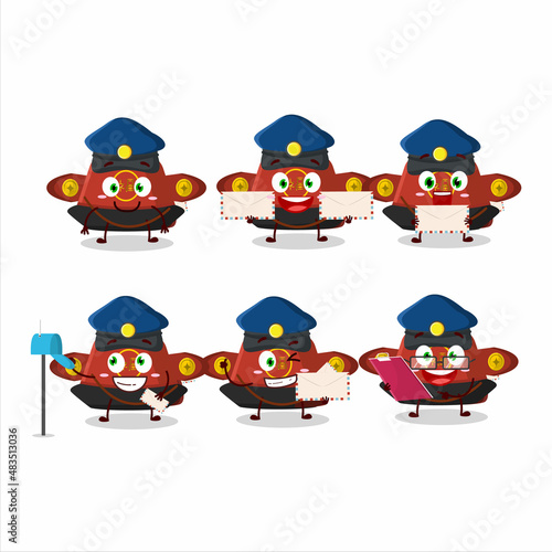 A picture of cheerful red chinese hat postman cartoon design concept