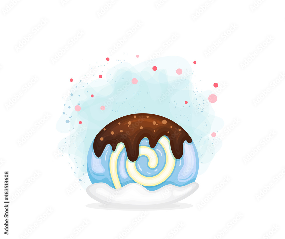 Cute sponge cake roll with chocolate drips in cartoon style. Sweet dessert collection Cute sponge cake roll with chocolate drips in cartoon style. Sweet dessert collection
