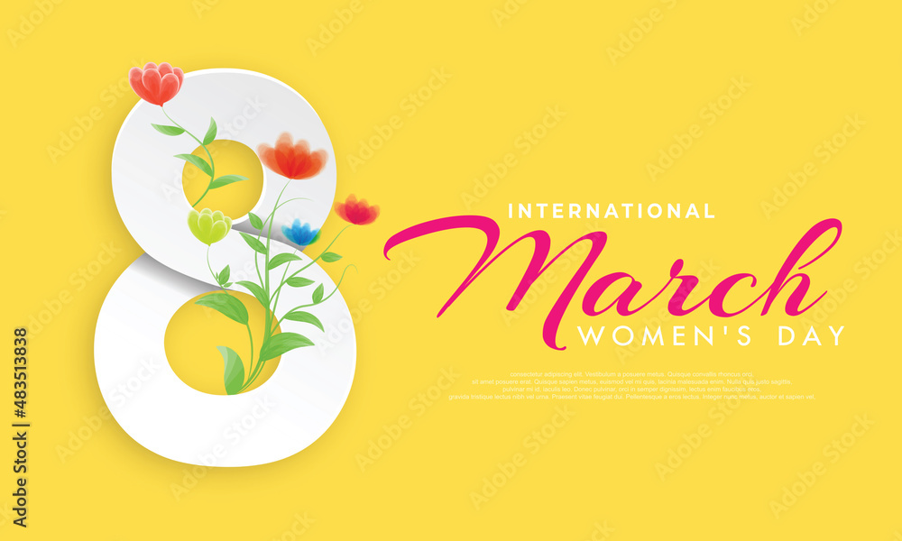 March 8 Happy Mother's Day paper cut number eight with flowers holiday on yellow background. March 8 Happy Mother's Day paper cut number eight with flowers holiday on yellow background.