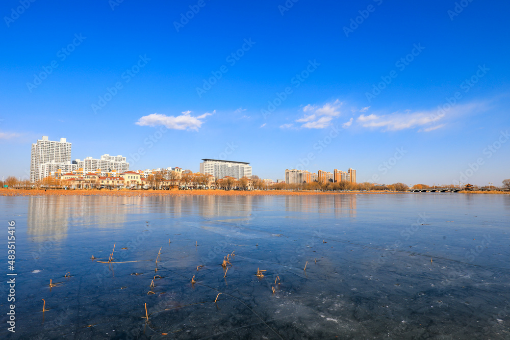 Winter urban river scenery, North China
