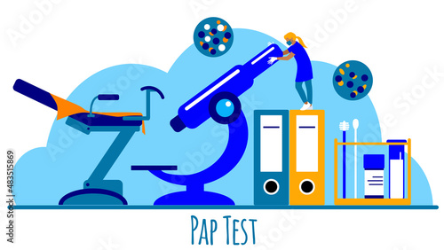 Doctor is researching cervical cells after a pap smear, using a microscope. A concept of cervical cancer screening. Vector flat illustration, tiny person concept.